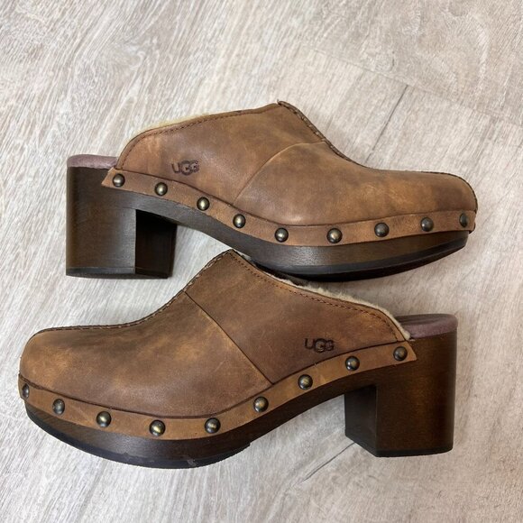 UGG Shoes Womens Size 5 1/2 - 6 Kassi High Heel Leather Clog Mule Sheepskin - Picture 1 of 13